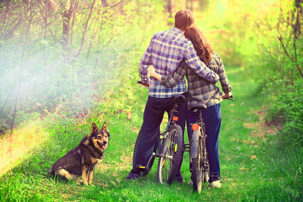 female / male couple on a bikeride with their backs towards the camera hugging and a happy dog by their side